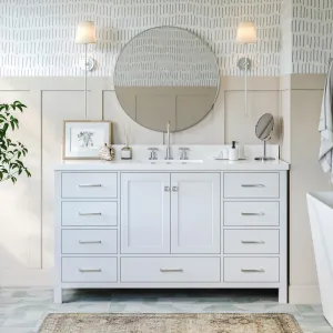 ARIEL 61" White Bathroom Vanity with 1.5" Edge Pure White Quartz Countertop & Splashes, Center Rectangular Sink, 4 Soft Closing Doors, 6 Full Extension Dovetail Drawers, Matte Black