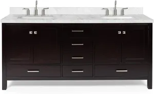 ARIEL 73" Espresso Double Bathroom Vanity 1.5" Edge Italian Carrara Marble Countertop & Splash, Rectangular Sinks, 4 Soft Closing Doors, 6 Full Extension Dovetail Drawers, Brushed Nickel