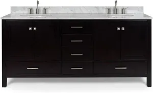 ARIEL 73" Espresso Double Bathroom Vanity with Italian Carrara Marble Countertop & Backsplash, Center Oval Sinks, 4 Soft Closing Doors, 6 Full Extension Dovetail Drawers, Brushed Nickel