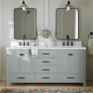 ARIEL 73" Grey Double Bathroom Vanity with 1.5" Edge Pure White Quartz Countertop & Backsplash, Center Rectangular Sinks, 4 Soft Closing Doors, 6 Full Extension Dovetail Drawers, Matte Black