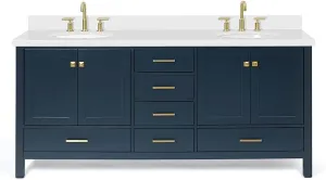 ARIEL 73" Midnight Blue Double Bathroom Vanity with 1.5" Edge Pure White Quartz Countertop & Backsplash, Center Oval Sinks, 4 Soft Closing Doors, 6 Full Extension Dovetail Drawers, Satin Brass