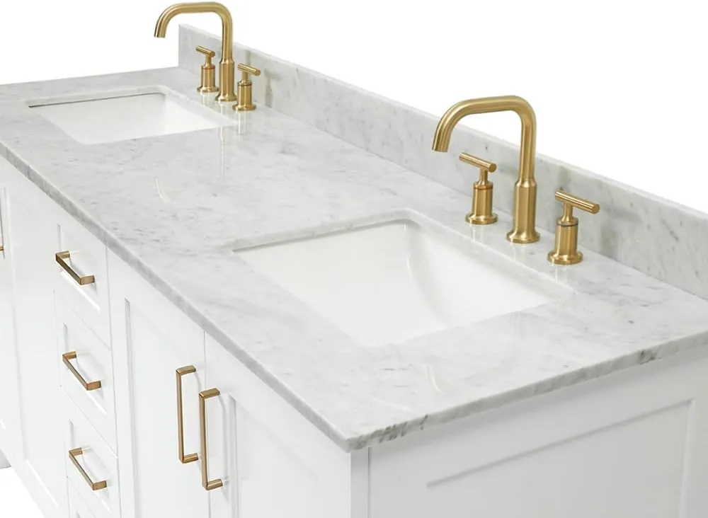 ARIEL 73" White Double Bathroom Vanity Italian Carrara Marble Countertop & Splash, Rectangular Sink, 4 Soft Closing Doors, 6 Full Extension Dovetail Drawers, Satin Brass