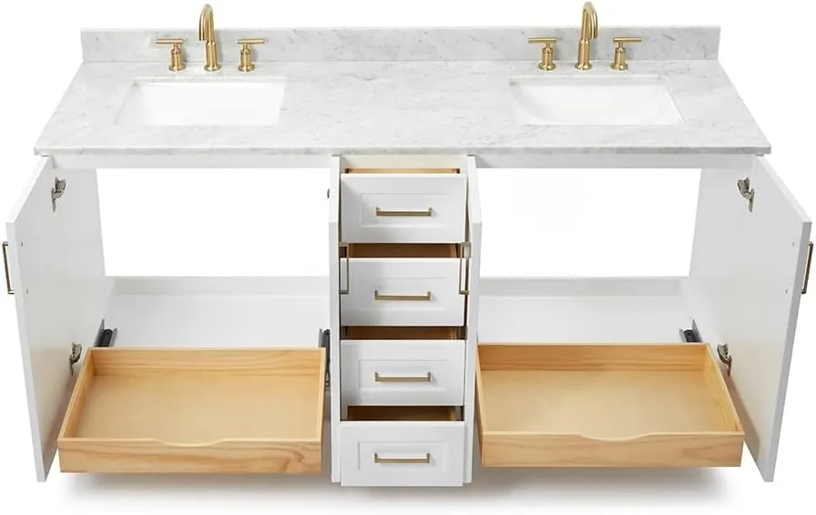 ARIEL 73" White Double Bathroom Vanity Italian Carrara Marble Countertop & Splash, Rectangular Sink, 4 Soft Closing Doors, 6 Full Extension Dovetail Drawers, Satin Brass