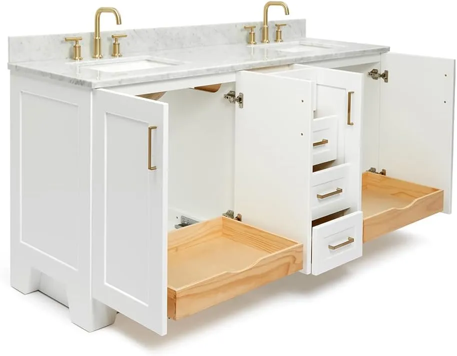 ARIEL 73" White Double Bathroom Vanity Italian Carrara Marble Countertop & Splash, Rectangular Sink, 4 Soft Closing Doors, 6 Full Extension Dovetail Drawers, Satin Brass