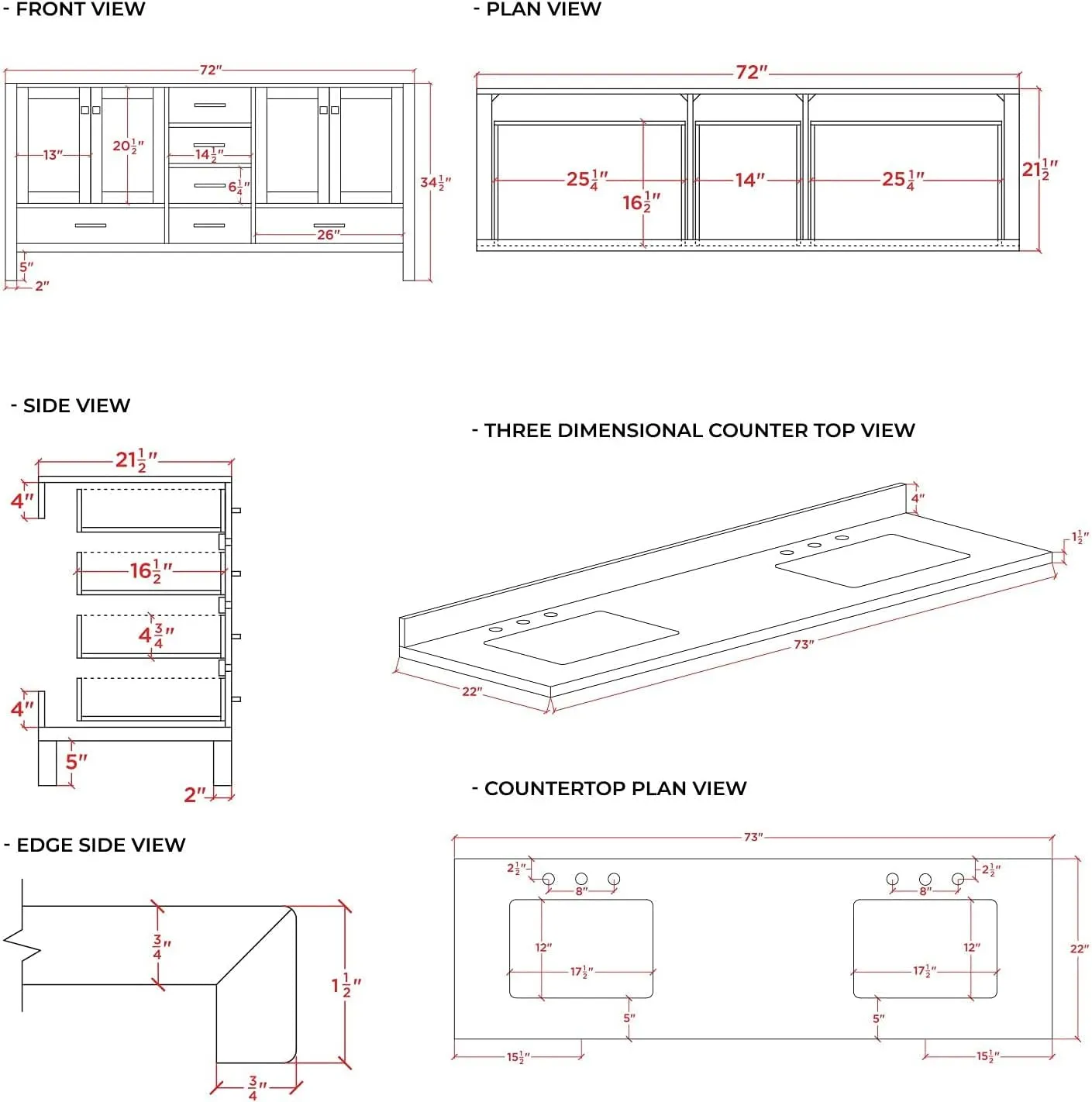 ARIEL 73" White Double Bathroom Vanity Italian Carrara Marble Countertop & Splash, Rectangular Sink, 4 Soft Closing Doors, 6 Full Extension Dovetail Drawers, Satin Brass