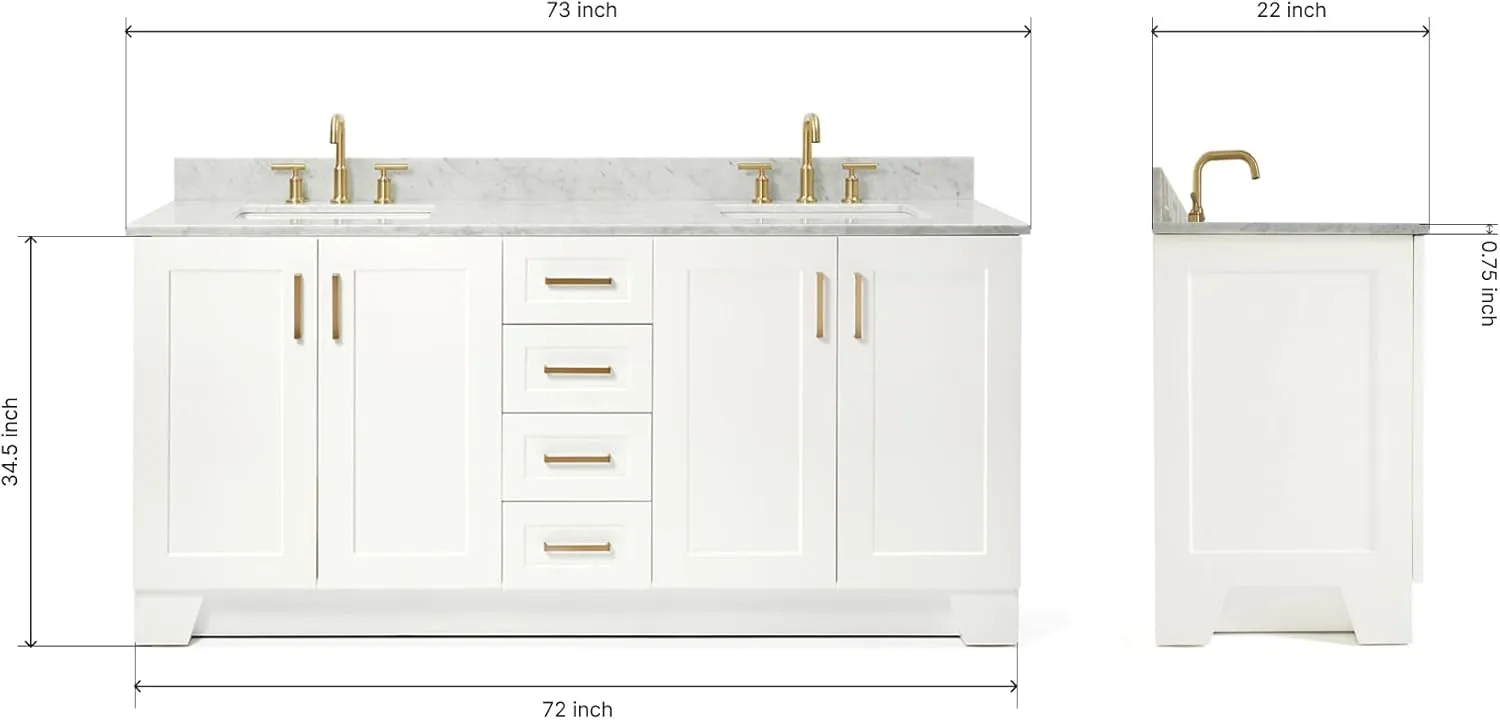 ARIEL 73" White Double Bathroom Vanity Italian Carrara Marble Countertop & Splash, Rectangular Sink, 4 Soft Closing Doors, 6 Full Extension Dovetail Drawers, Satin Brass