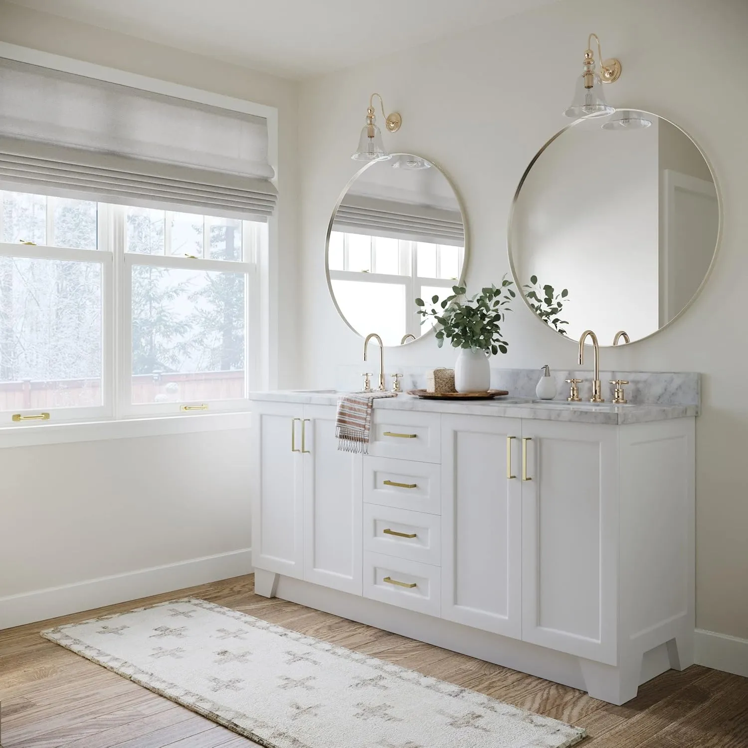 ARIEL 73" White Double Bathroom Vanity Italian Carrara Marble Countertop & Splash, Rectangular Sink, 4 Soft Closing Doors, 6 Full Extension Dovetail Drawers, Satin Brass