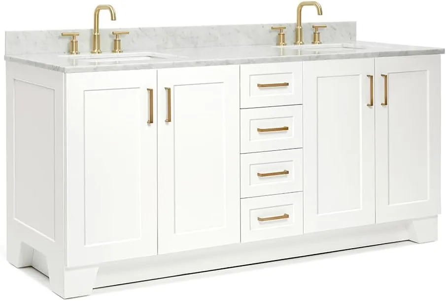 ARIEL 73" White Double Bathroom Vanity Italian Carrara Marble Countertop & Splash, Rectangular Sink, 4 Soft Closing Doors, 6 Full Extension Dovetail Drawers, Satin Brass