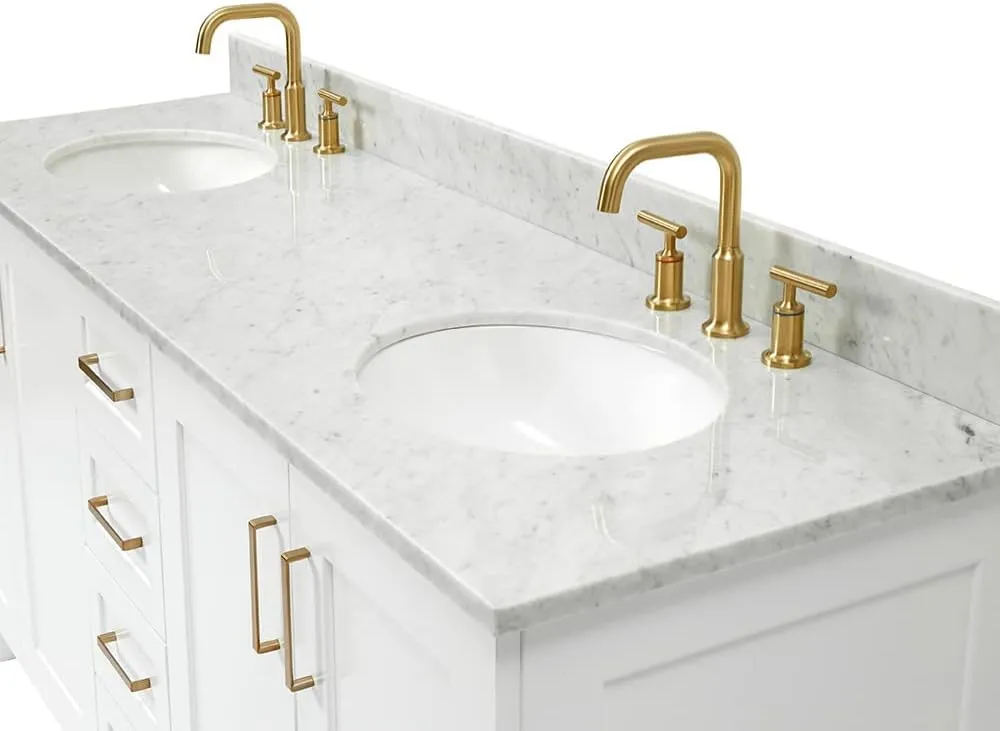 ARIEL 73" White Double Bathroom Vanity with Italian Carrara Marble Countertop & Backsplash, Center Oval Sinks, 4 Soft Closing Doors, 6 Full Extension Dovetail Drawers, Toe Kick, Satin Brass