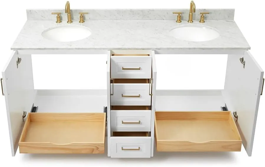 ARIEL 73" White Double Bathroom Vanity with Italian Carrara Marble Countertop & Backsplash, Center Oval Sinks, 4 Soft Closing Doors, 6 Full Extension Dovetail Drawers, Toe Kick, Satin Brass