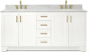 ARIEL 73" White Double Bathroom Vanity with Italian Carrara Marble Countertop & Backsplash, Center Oval Sinks, 4 Soft Closing Doors, 6 Full Extension Dovetail Drawers, Toe Kick, Satin Brass
