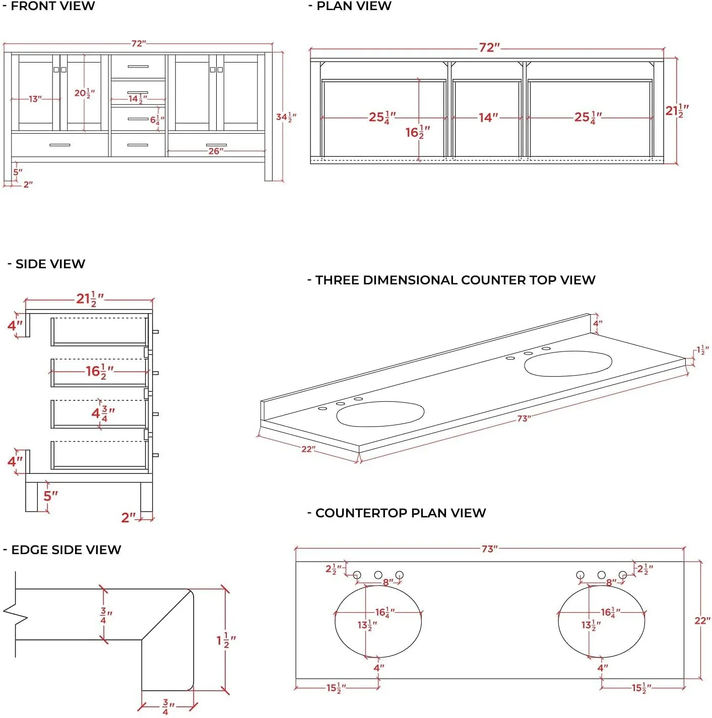 ARIEL 73" White Double Bathroom Vanity with Italian Carrara Marble Countertop & Backsplash, Center Oval Sinks, 4 Soft Closing Doors, 6 Full Extension Dovetail Drawers, Toe Kick, Satin Brass