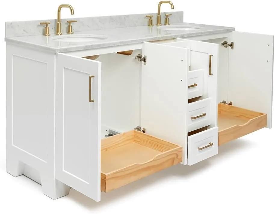 ARIEL 73" White Double Bathroom Vanity with Italian Carrara Marble Countertop & Backsplash, Center Oval Sinks, 4 Soft Closing Doors, 6 Full Extension Dovetail Drawers, Toe Kick, Satin Brass