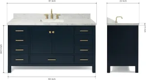 ARIEL Bathroom Vanity 61" Inch with Carrara White Marble Countertop and Rectangle Sink in Midnight Blue, 2 Soft Closing Doors, 6 Full Extension Dovetail Drawers, with Backsplash, No Mirror
