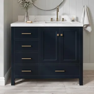 ARIEL Cambridge 42 Inch Single Sink Bathroom Vanity in Midnight Blue, 1.5" Edge Carrara White Quartz Top, Solid Wood, Right Rectangular Sink, 2 Soft Closing Doors, 5 Full Extension Dovetail Drawers