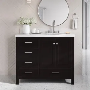 ARIEL Cambridge 43 Inch Espresso Bathroom Vanity with Sink, 1.5" Edge Quartz Countertop, Solid Wood, Right Oval Sink, 2 Soft Closing Doors, 5 Full Extension Dovetail Drawers