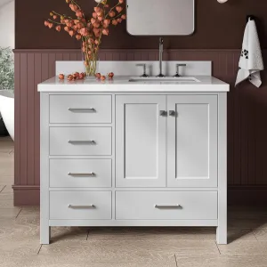 ARIEL Cambridge 43 Inch Gray Bathroom Vanity with Sink, 1.5" Edge Quartz Top, Solid Wood, Right Rectangular Sink, 2 Soft Closing Doors, 5 Full Extension Dovetail Drawers