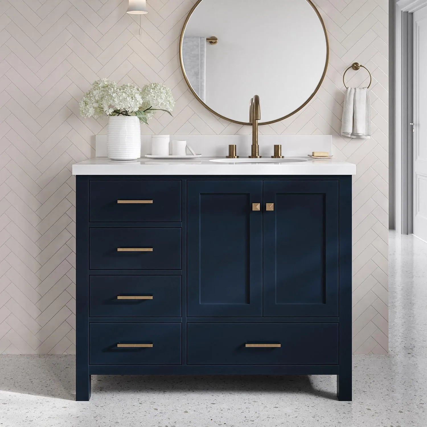 ARIEL Cambridge 43 Inch Midnight Blue Bathroom Vanity with Sink, 1.5" Edge Quartz Countertop, Solid Wood, Right Oval Sink, 2 Soft Closing Doors, 5 Full Extension Dovetail Drawers