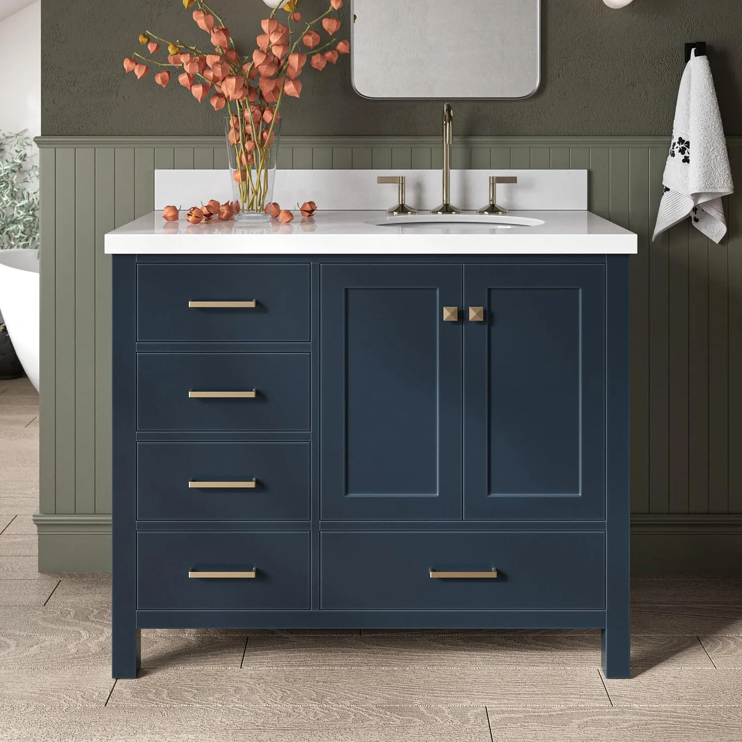 ARIEL Cambridge 43 Inch Midnight Blue Bathroom Vanity with Sink, 1.5" Edge Quartz Countertop, Solid Wood, Right Oval Sink, 2 Soft Closing Doors, 5 Full Extension Dovetail Drawers