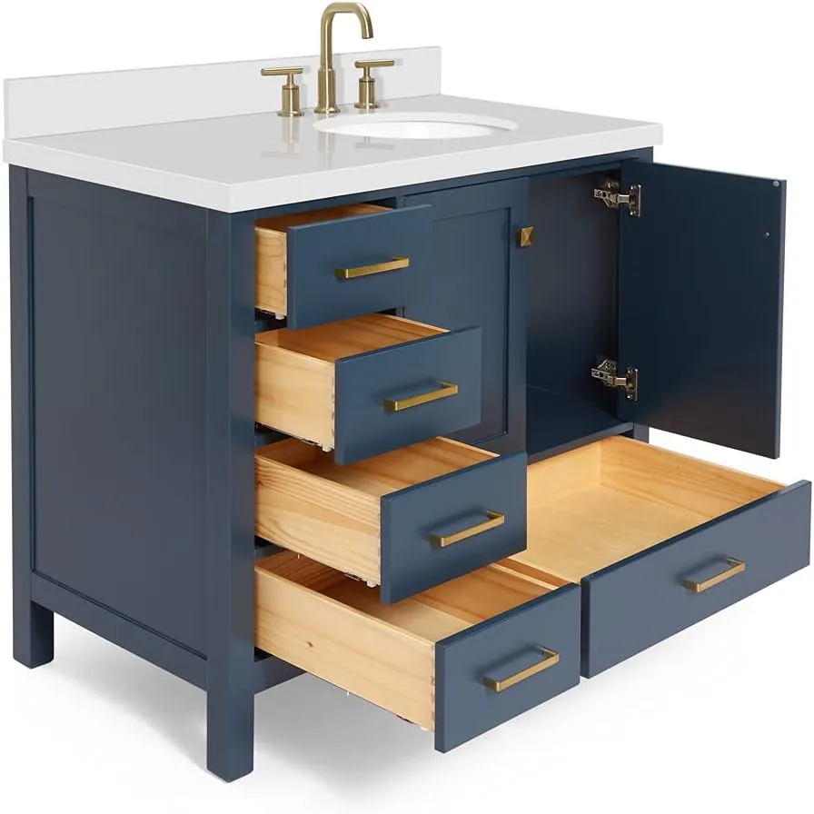 ARIEL Cambridge 43 Inch Midnight Blue Bathroom Vanity with Sink, 1.5" Edge Quartz Countertop, Solid Wood, Right Oval Sink, 2 Soft Closing Doors, 5 Full Extension Dovetail Drawers
