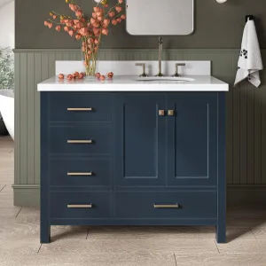 ARIEL Cambridge 43 Inch Midnight Blue Bathroom Vanity with Sink, 1.5" Edge Quartz Countertop, Solid Wood, Right Oval Sink, 2 Soft Closing Doors, 5 Full Extension Dovetail Drawers