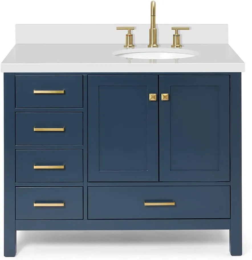 ARIEL Cambridge 43 Inch Midnight Blue Bathroom Vanity with Sink, 1.5" Edge Quartz Countertop, Solid Wood, Right Oval Sink, 2 Soft Closing Doors, 5 Full Extension Dovetail Drawers