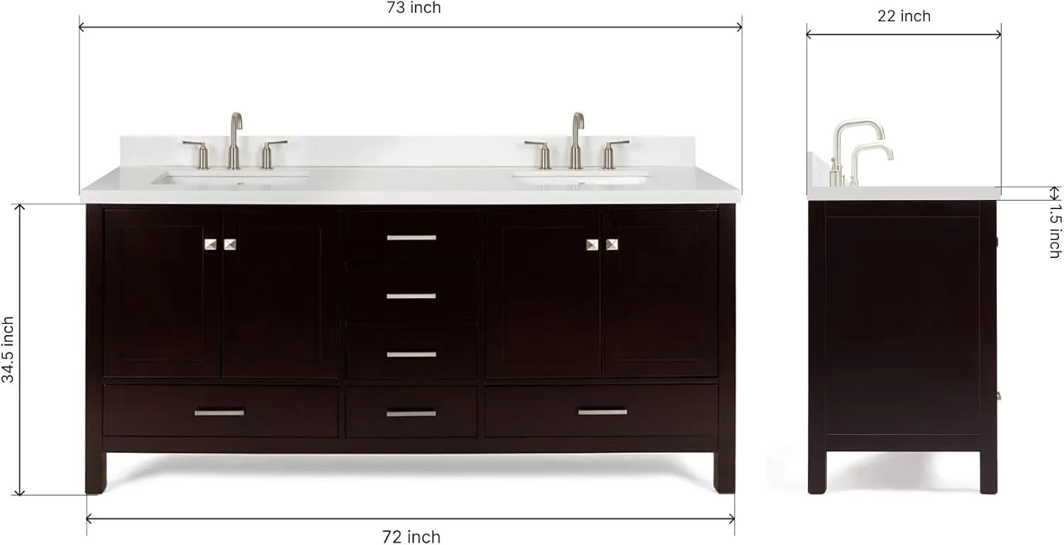 ARIEL Double Bathroom Vanity 73" Espresso with 1.5" Edge Pure White Quartz Countertop & Splash, Rectangular Sinks, 4 Soft Closing Doors, 6 Full Extension Dovetail Drawers, Brushed Nickel