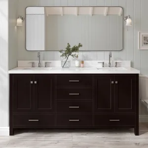 ARIEL Double Bathroom Vanity 73" Espresso with 1.5" Edge Pure White Quartz Countertop & Splash, Rectangular Sinks, 4 Soft Closing Doors, 6 Full Extension Dovetail Drawers, Brushed Nickel