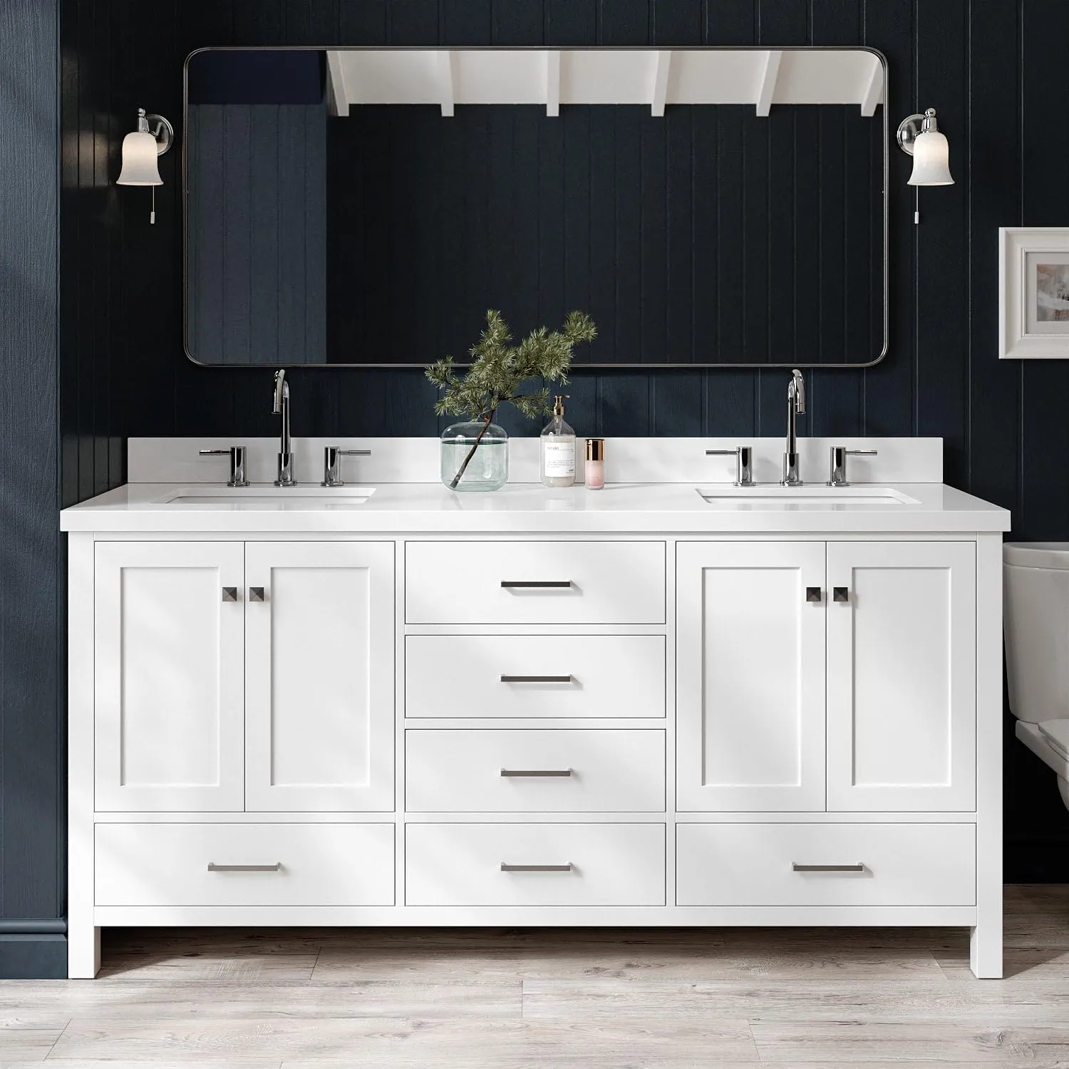 ARIEL Double Bathroom Vanity 73" White with 1.5" Edge Pure White Quartz Countertop & Splash, Rectangular Sinks, 4 Soft Closing Doors, 6 Full Extension Dovetail Drawers, Brushed Nickel