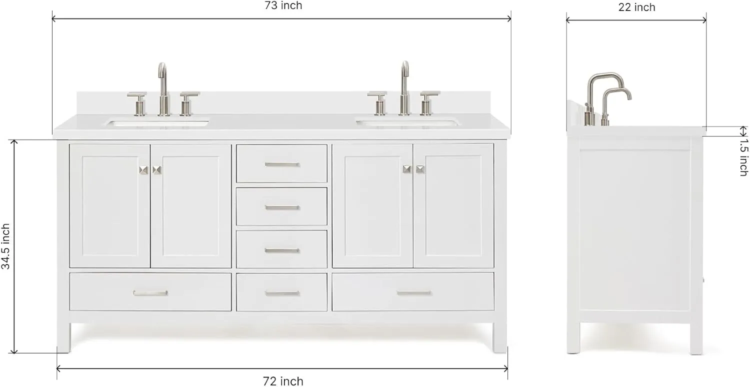 ARIEL Double Bathroom Vanity 73" White with 1.5" Edge Pure White Quartz Countertop & Splash, Rectangular Sinks, 4 Soft Closing Doors, 6 Full Extension Dovetail Drawers, Brushed Nickel