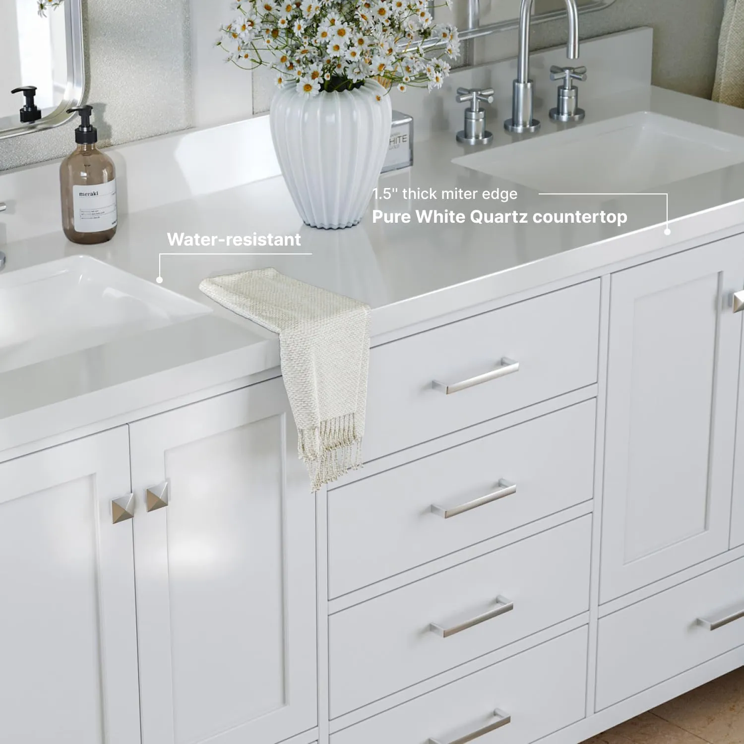 ARIEL Double Bathroom Vanity 73" White with 1.5" Edge Pure White Quartz Countertop & Splash, Rectangular Sinks, 4 Soft Closing Doors, 6 Full Extension Dovetail Drawers, Brushed Nickel