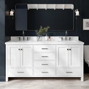 ARIEL Double Bathroom Vanity 73" White with 1.5" Edge Pure White Quartz Countertop & Splash, Rectangular Sinks, 4 Soft Closing Doors, 6 Full Extension Dovetail Drawers, Brushed Nickel