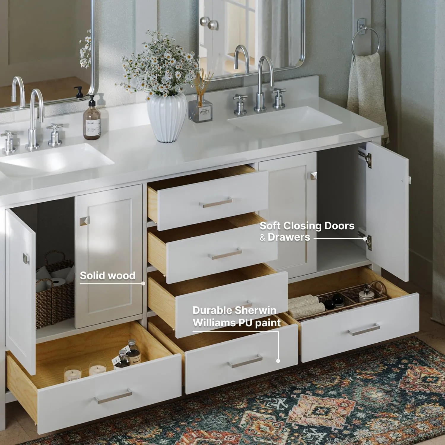 ARIEL Double Bathroom Vanity 73" White with 1.5" Edge Pure White Quartz Countertop & Splash, Rectangular Sinks, 4 Soft Closing Doors, 6 Full Extension Dovetail Drawers, Brushed Nickel