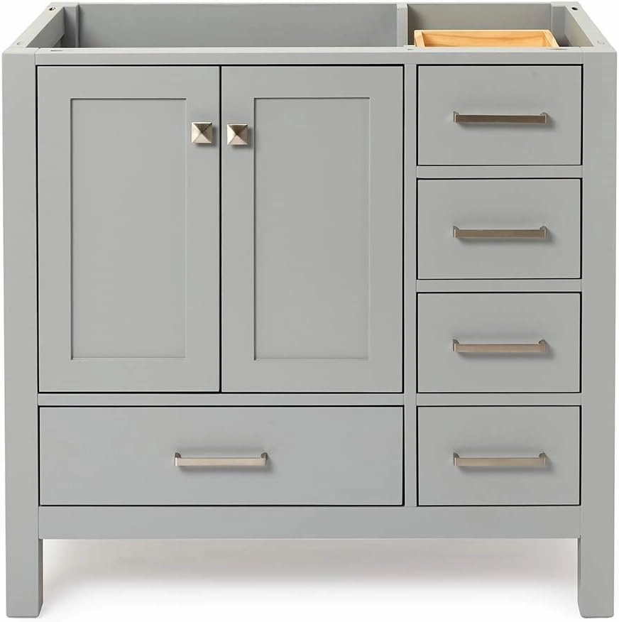ARIEL 36" Grey Bathroom Vanity Base Cabinet, Left Offset Sink Configuration, 2 Soft Closing Doors, 5 Full Extension Dovetail Drawers, Brushed Nickel