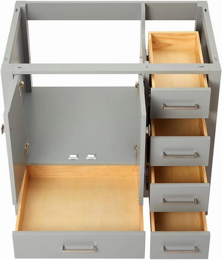 ARIEL 36" Grey Bathroom Vanity Base Cabinet, Left Offset Sink Configuration, 2 Soft Closing Doors, 5 Full Extension Dovetail Drawers, Brushed Nickel