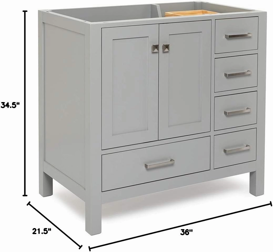ARIEL 36" Grey Bathroom Vanity Base Cabinet, Left Offset Sink Configuration, 2 Soft Closing Doors, 5 Full Extension Dovetail Drawers, Brushed Nickel