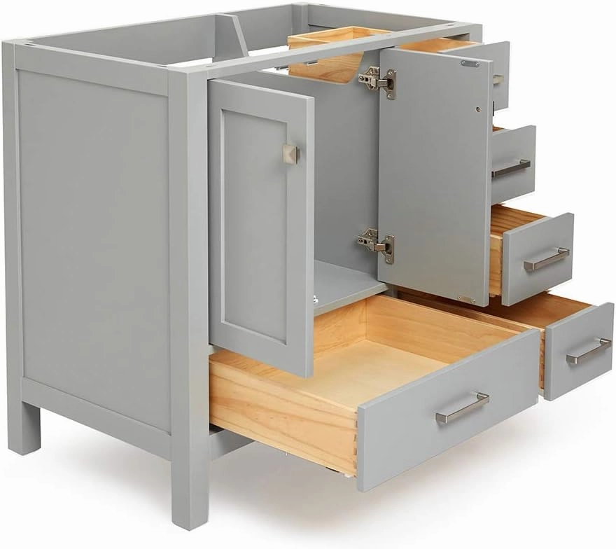 ARIEL 36" Grey Bathroom Vanity Base Cabinet, Left Offset Sink Configuration, 2 Soft Closing Doors, 5 Full Extension Dovetail Drawers, Brushed Nickel