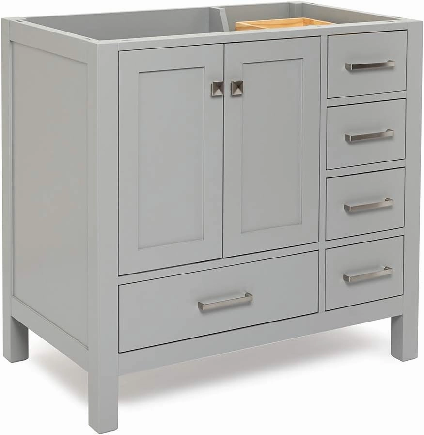 ARIEL 36" Grey Bathroom Vanity Base Cabinet, Left Offset Sink Configuration, 2 Soft Closing Doors, 5 Full Extension Dovetail Drawers, Brushed Nickel