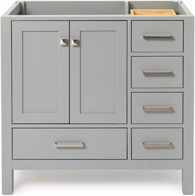 ARIEL 36" Grey Bathroom Vanity Base Cabinet, Left Offset Sink Configuration, 2 Soft Closing Doors, 5 Full Extension Dovetail Drawers, Brushed Nickel