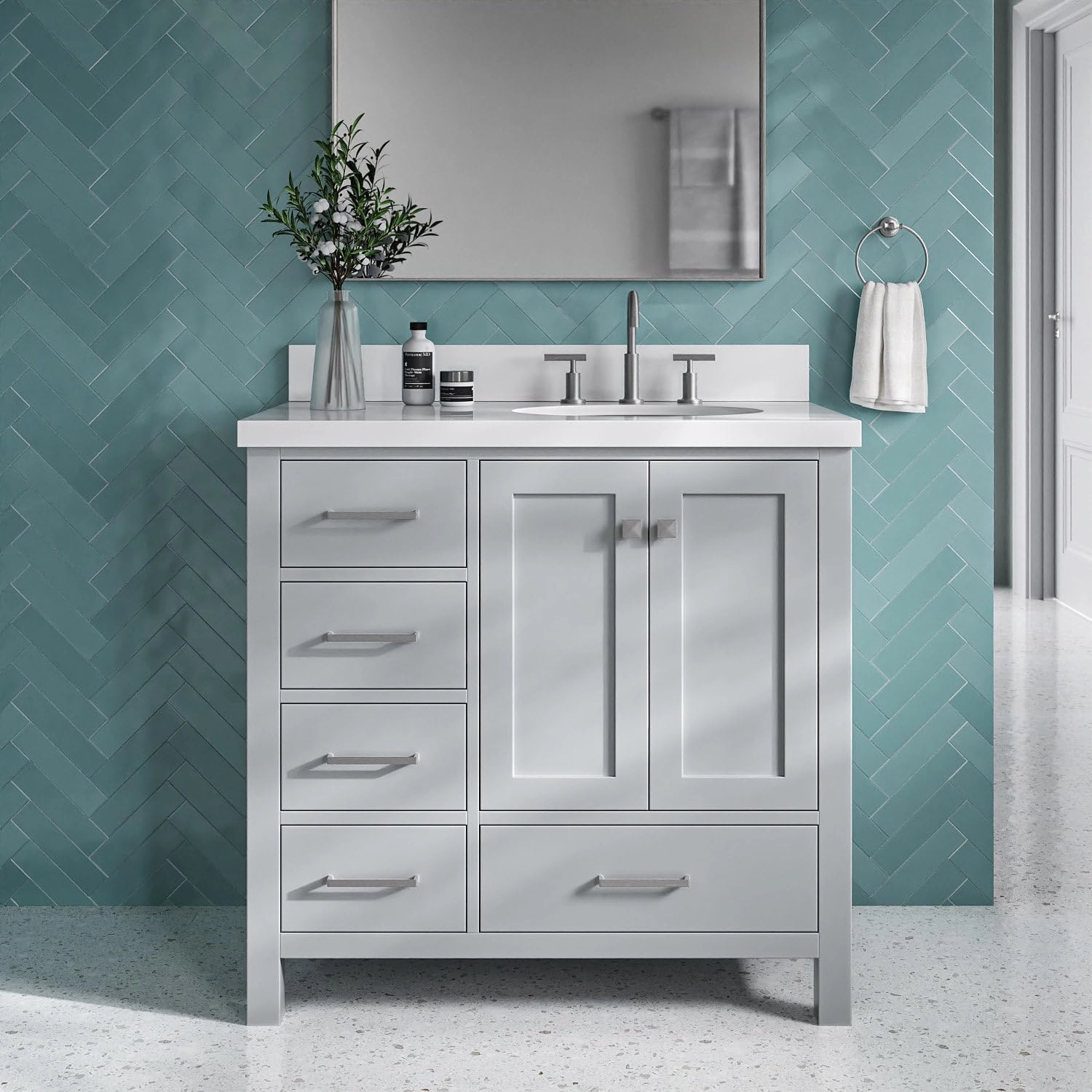 ARIEL 37" Grey Bathroom Vanity with 1.5" Edge Pure White Quartz Countertop & Backsplash, Right Oval Sink, 2 Soft Closing Doors, 5 Full Extension Dovetail Drawers, Brushed Nickel