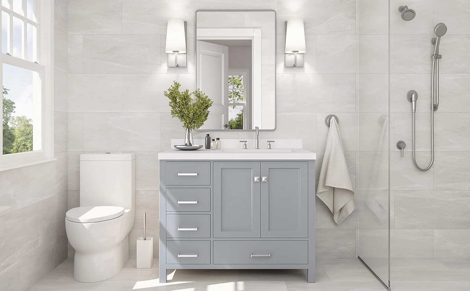 ARIEL 37" Grey Bathroom Vanity with 1.5" Edge Pure White Quartz Countertop & Backsplash, Right Oval Sink, 2 Soft Closing Doors, 5 Full Extension Dovetail Drawers, Brushed Nickel