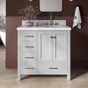 ARIEL 37" Grey Bathroom Vanity with 1.5" Edge Pure White Quartz Countertop & Backsplash, Right Oval Sink, 2 Soft Closing Doors, 5 Full Extension Dovetail Drawers, Brushed Nickel