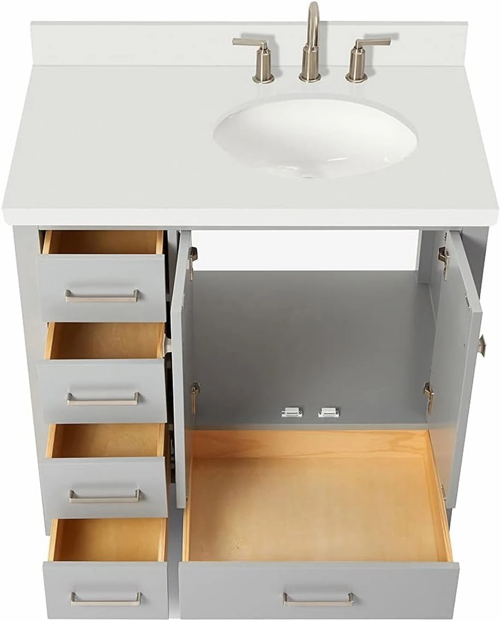 ARIEL 37" Grey Bathroom Vanity with 1.5" Edge Pure White Quartz Countertop & Backsplash, Right Oval Sink, 2 Soft Closing Doors, 5 Full Extension Dovetail Drawers, Brushed Nickel