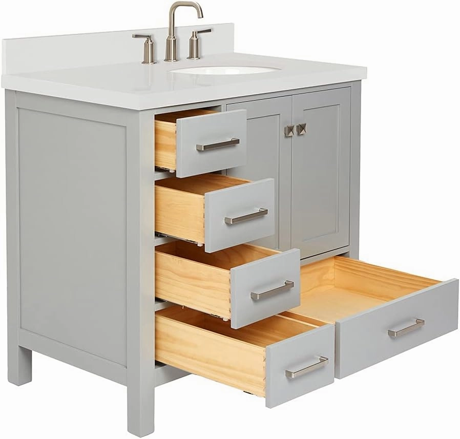 ARIEL 37" Grey Bathroom Vanity with 1.5" Edge Pure White Quartz Countertop & Backsplash, Right Oval Sink, 2 Soft Closing Doors, 5 Full Extension Dovetail Drawers, Brushed Nickel