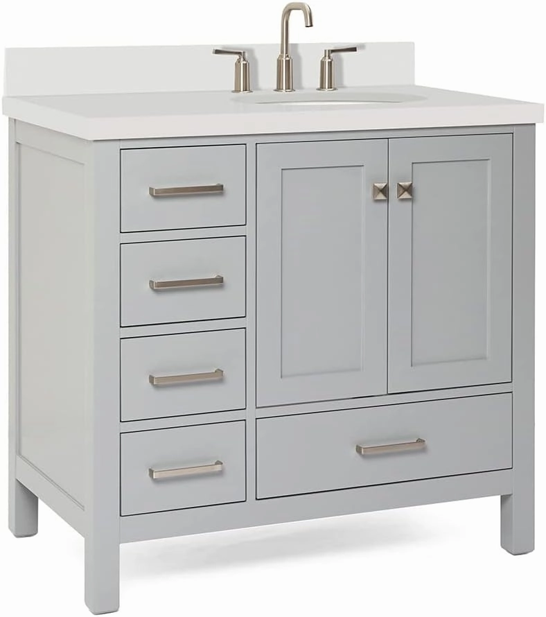 ARIEL 37" Grey Bathroom Vanity with 1.5" Edge Pure White Quartz Countertop & Backsplash, Right Oval Sink, 2 Soft Closing Doors, 5 Full Extension Dovetail Drawers, Brushed Nickel