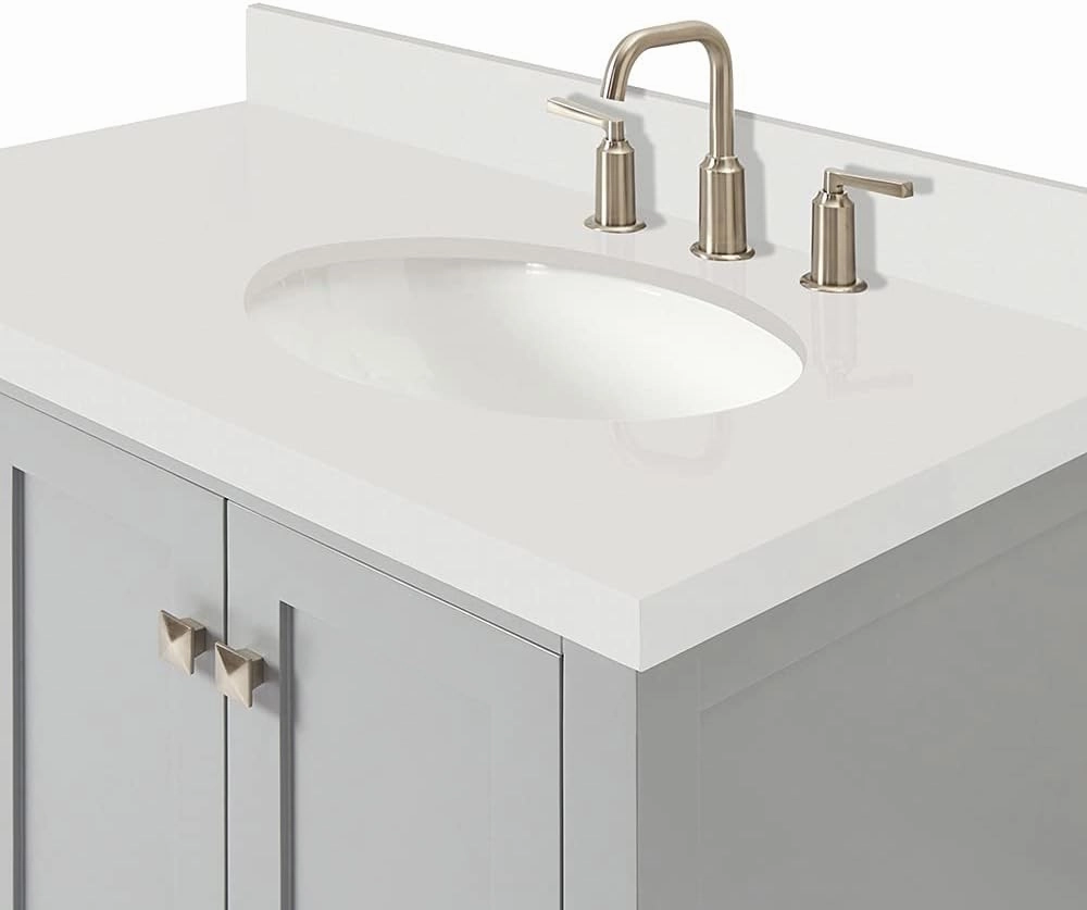 ARIEL 37" Grey Bathroom Vanity with 1.5" Edge Pure White Quartz Countertop & Backsplash, Right Oval Sink, 2 Soft Closing Doors, 5 Full Extension Dovetail Drawers, Brushed Nickel