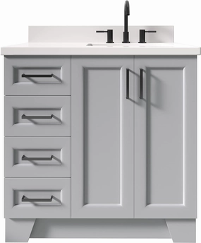 ARIEL 37" Grey Bathroom Vanity with 1.5" Edge Pure White Quartz Countertop & Backsplash, Right Rectangualr Sink, 2 Soft Closing Doors, 5 Full Extension Dovetail Drawers, Toe Kick, Matte Black