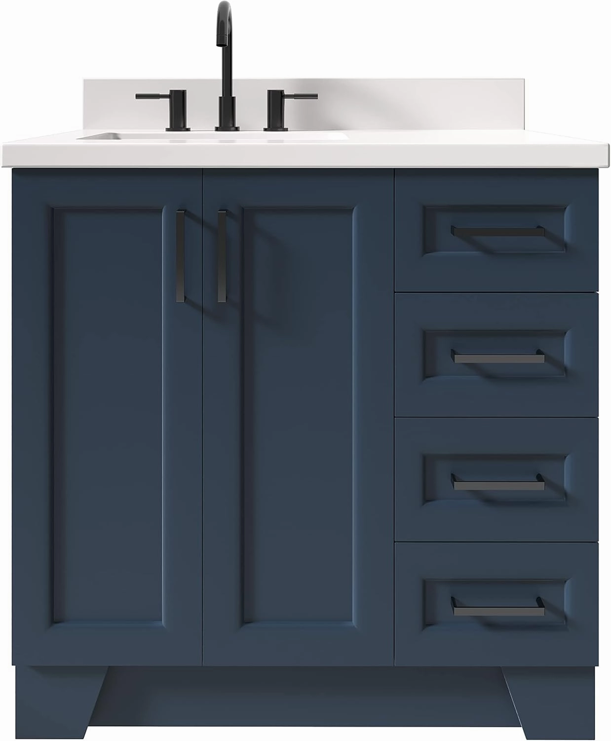 ARIEL 37" Midnight Blue Bathroom Vanity 1.5" Edge Pure White Quartz Countertop & Splash, Left Rectangular Sink, 2 Soft Closing Doors, 5 Full Extension Dovetail Drawers, Matte Black