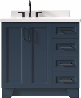 ARIEL 37" Midnight Blue Bathroom Vanity 1.5" Edge Pure White Quartz Countertop & Splash, Left Rectangular Sink, 2 Soft Closing Doors, 5 Full Extension Dovetail Drawers, Matte Black
