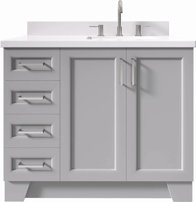 ARIEL 43" Grey Bathroom Vanity with 1.5" Edge Pure White Quartz Countertop & Backsplash, Right Rectangualr Sink, 2 Soft Closing Doors, 5 Full Extension Dovetail Drawers, Toe Kick, Satin Nickel